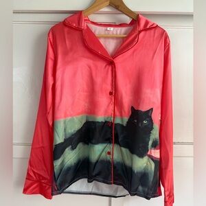 Pink Satin Cat Print Blouse